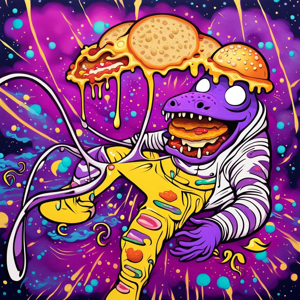 Axolotl's Graffiti Lunch: Cheeseburger and Skull Planets