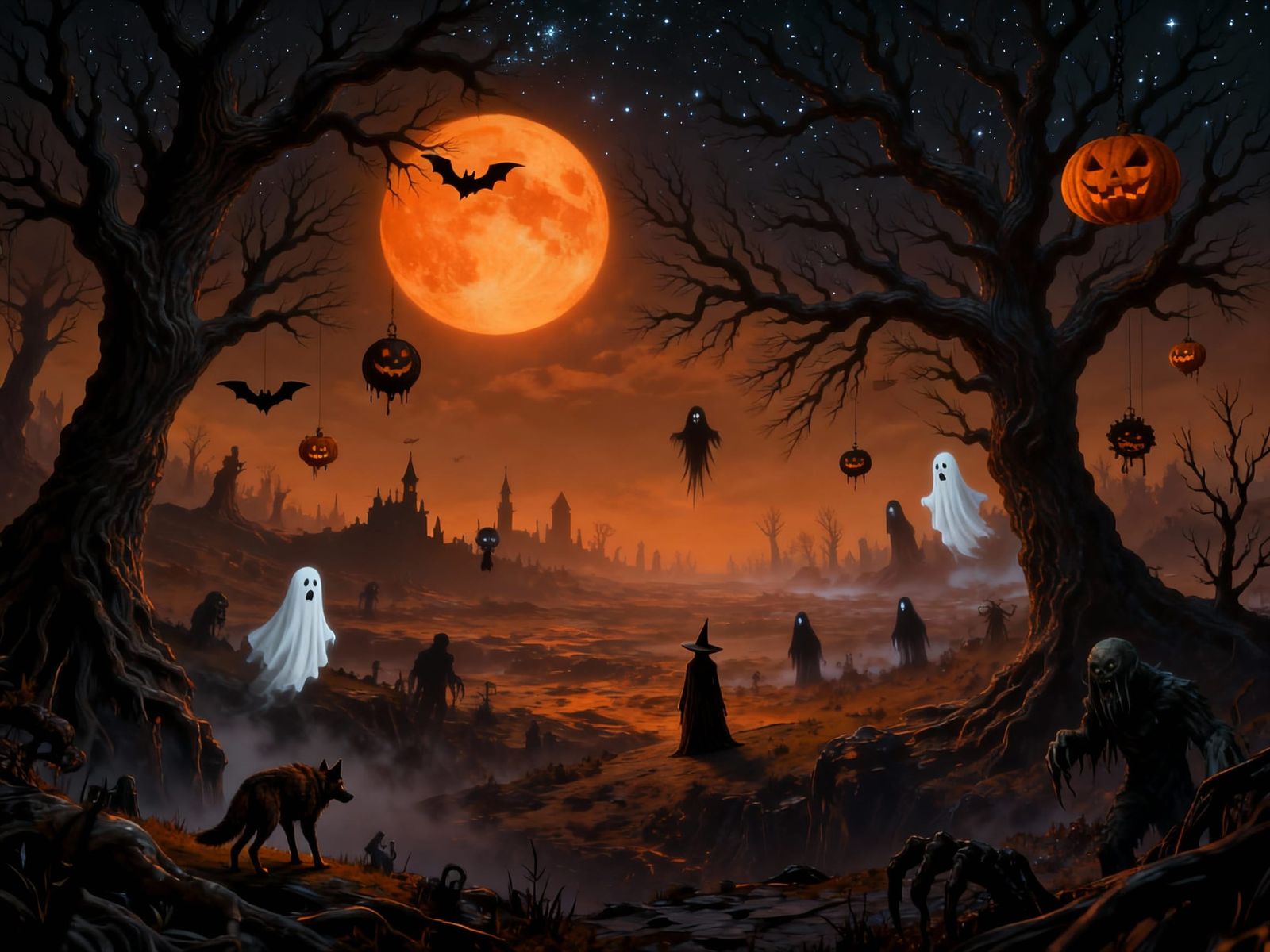 Gothic Halloween World with Witch and Wolf