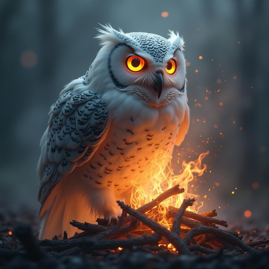 Ethereal Owl Fading in Bonfire, Dark Fantasy Art