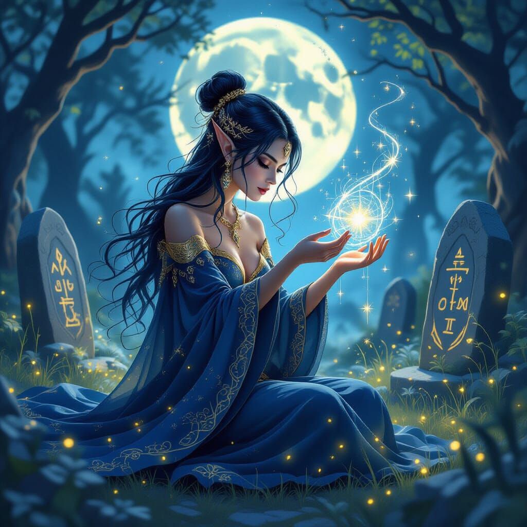 Enchantress Weaving Starlight Magic in Alcohol Ink Style