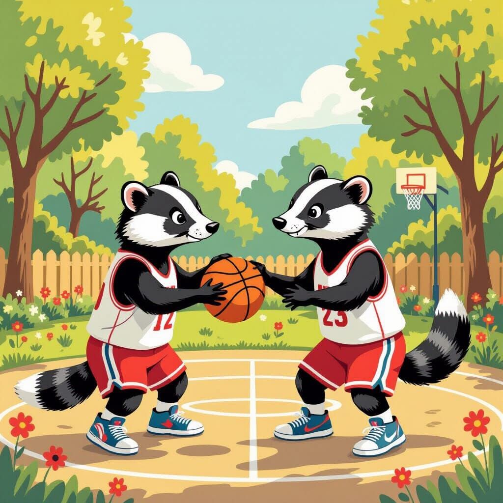 Badgers Play Basketball in Whimsical Style