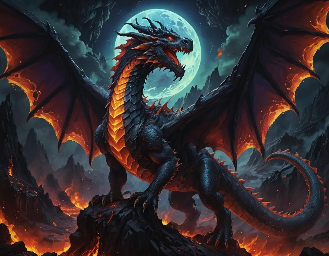 Fire Dragon in Volcano, Neonpunk Anime Art