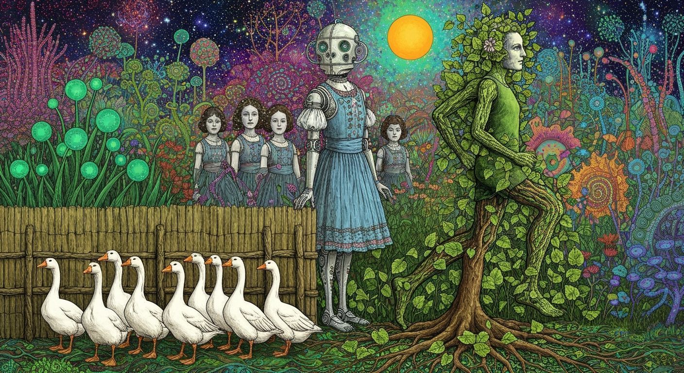 Folkloric Robot and Twins in Surreal Eco-Garden