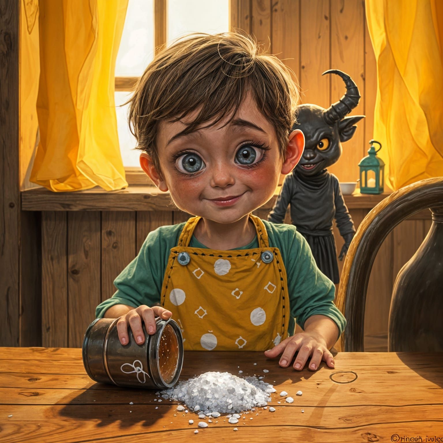 Child Throws Salt at Devil in Digital Art