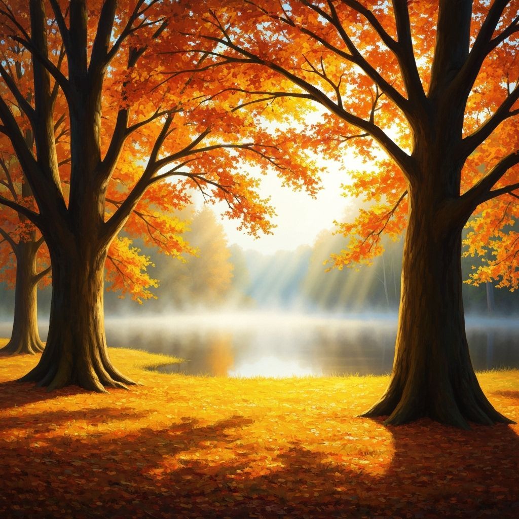 Serene Autumn Lake Mist Oil Painting