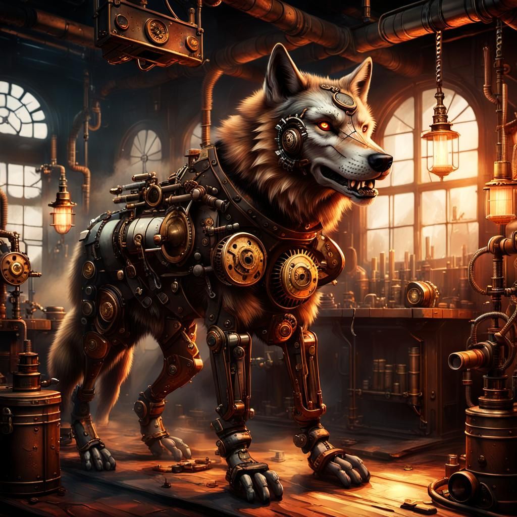 Steampunk Mechanical Wolf in Workshop Concept Art