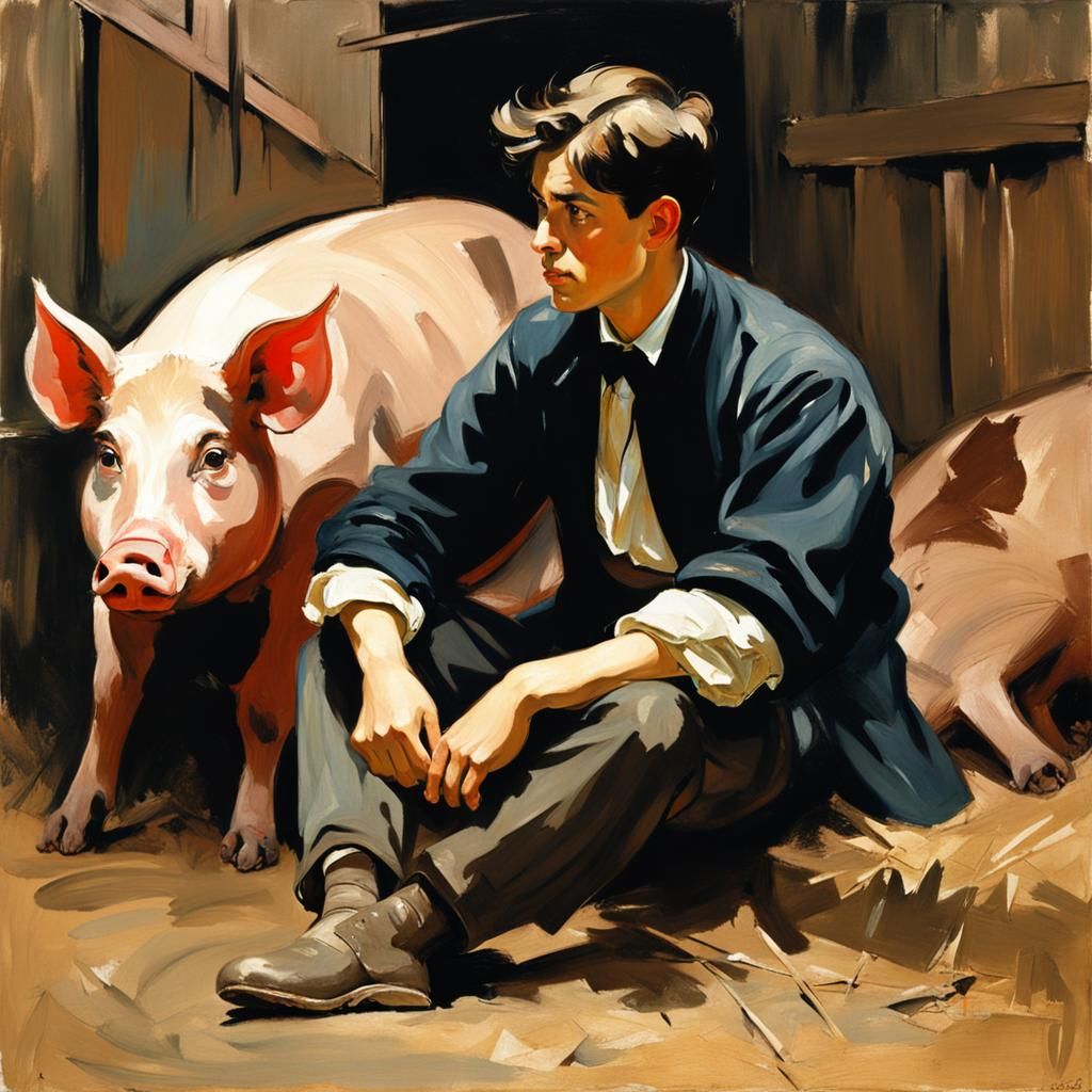 Disconsolate Man in Pig Sty: Impressionist Portrait