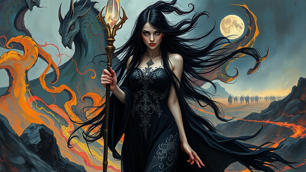 Mystical Woman in Fluorescent Dark Fantasy Landscape