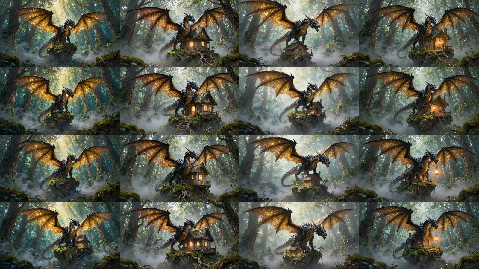 Black Dragon with Golden Wings Over Enchanted Forest Hut