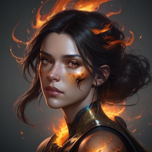 Fiery Woman Portrait in Hyper-Realistic Digital Art