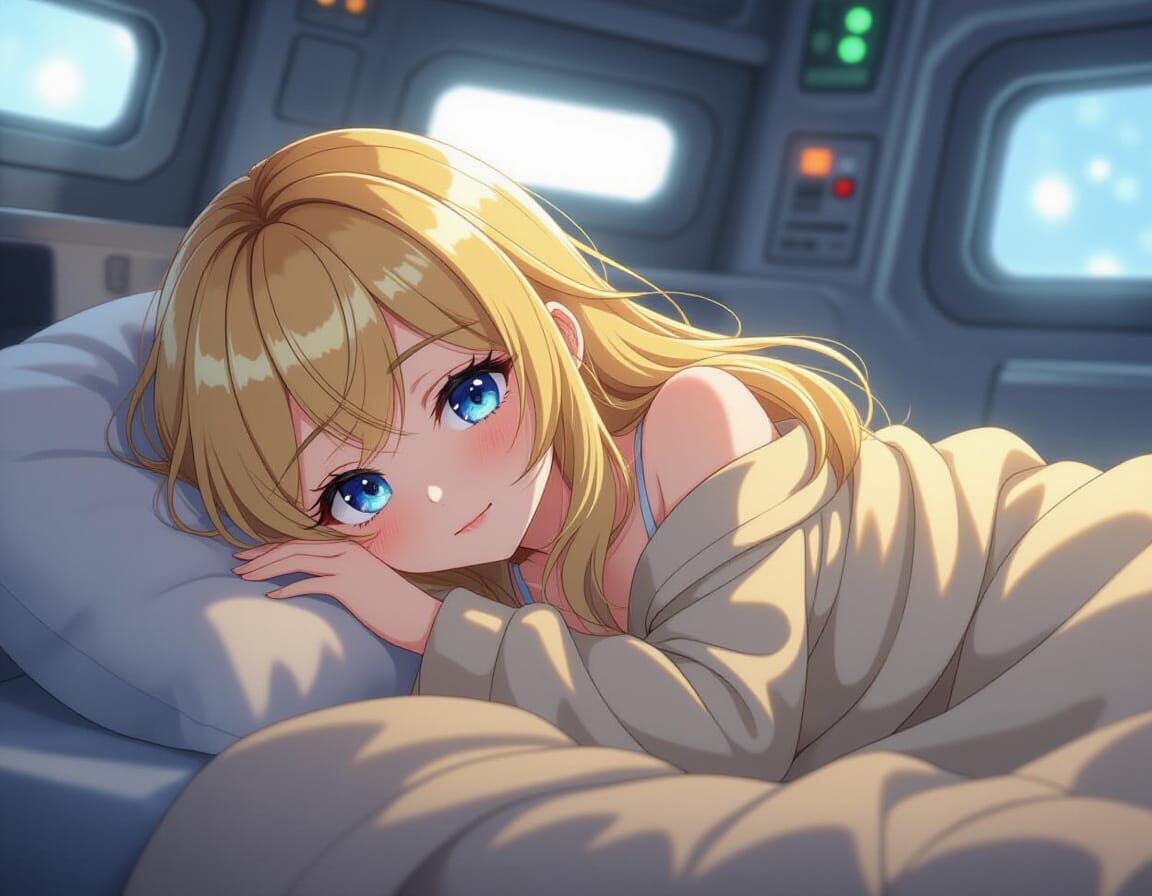 Sleeping Anime Girl in Spaceship Cabin, 3D Rendered