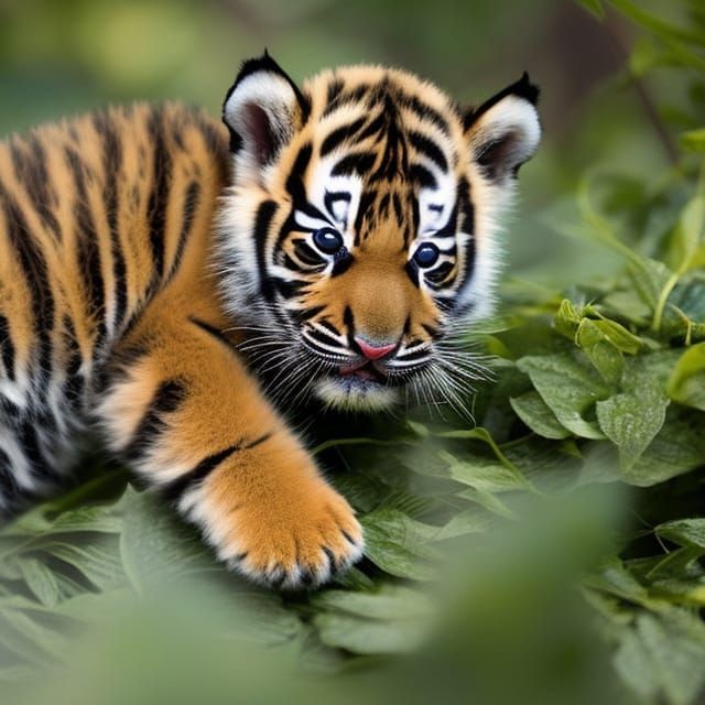 Adorable Baby Tiger Napping in Lush Greenery