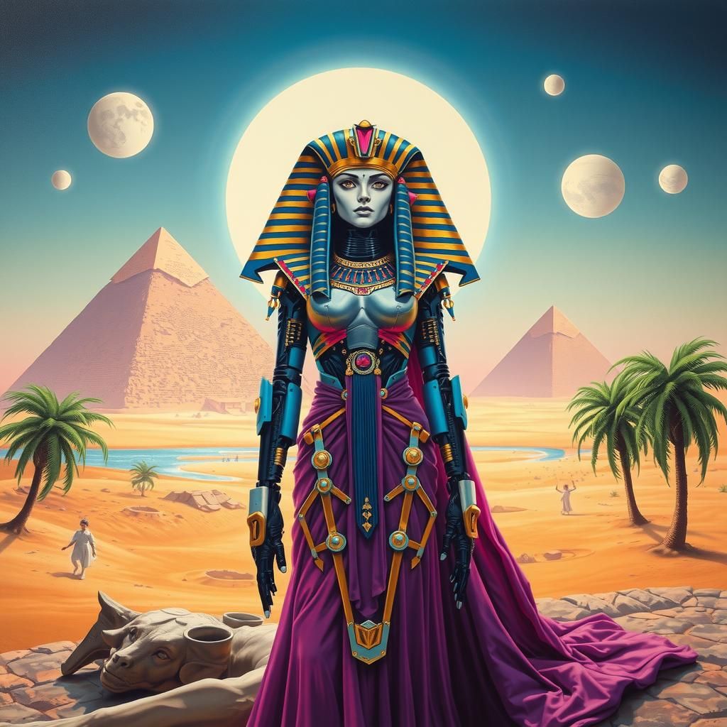 Cyberpunk Egyptian Sphinx Woman in Retro Sci-Fi Style