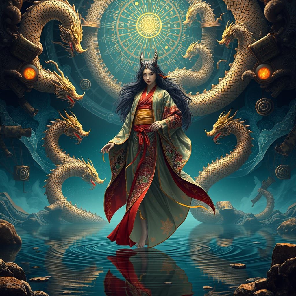 Celestial Woman Above Water with Dragons, Digital Art