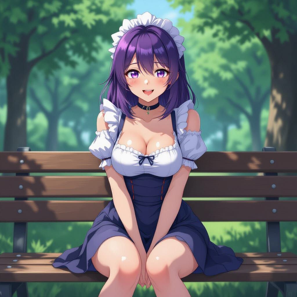 Anime Maid with Purple Hair and Fangs in Park