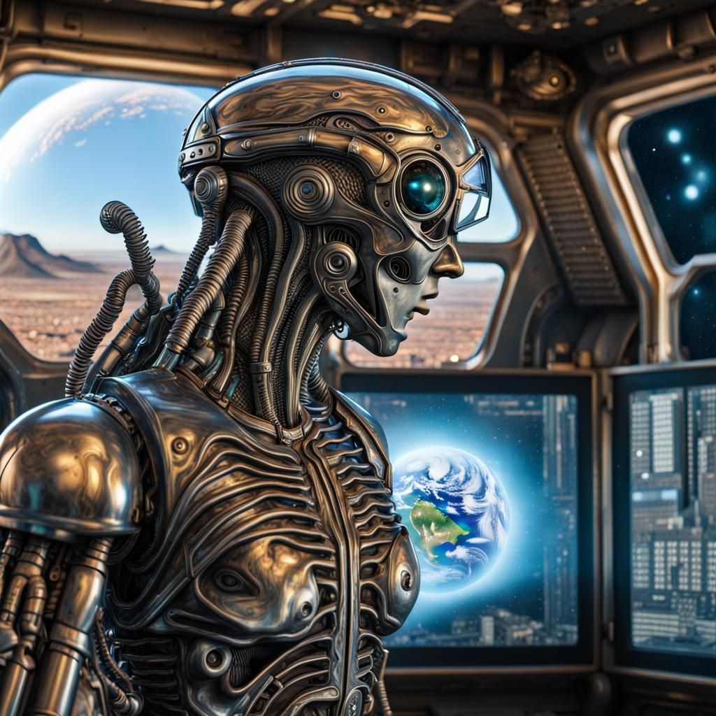 Steampunk Robot Cowboy Gazing at Earth Hologram