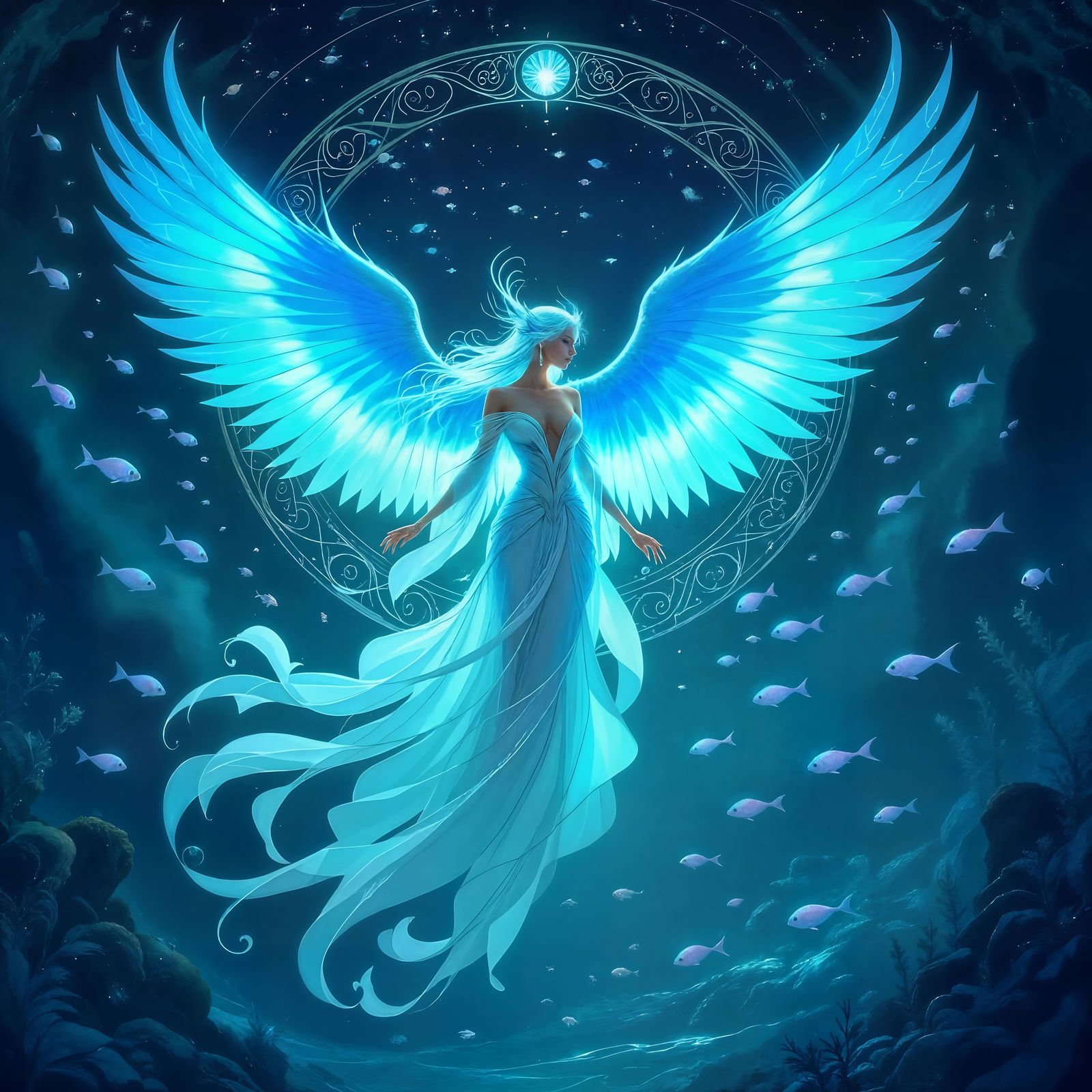 Bioluminescent Phoenix Ascends from Alien Ocean, in Art Nouv...