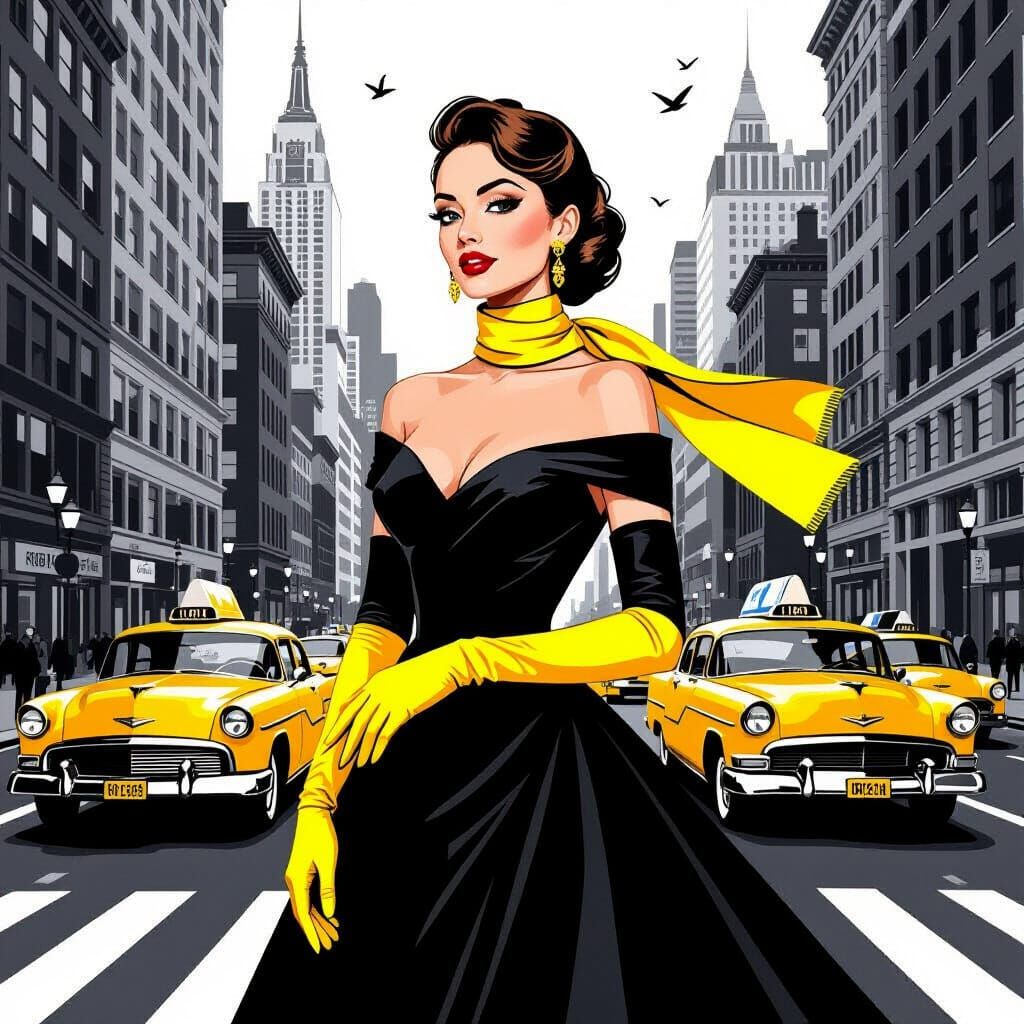 Elegant Woman in Yellow, Grayscale Cityscape Art