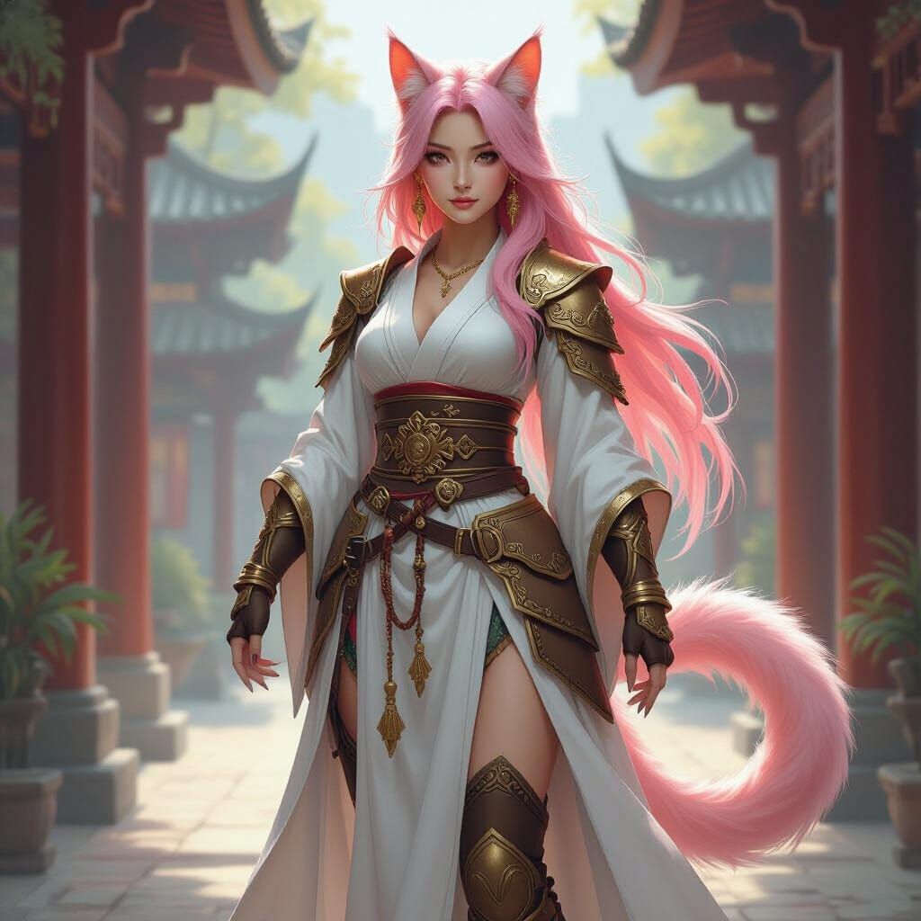 Armored Tabaxi Woman in Temple, Dynamic Lighting