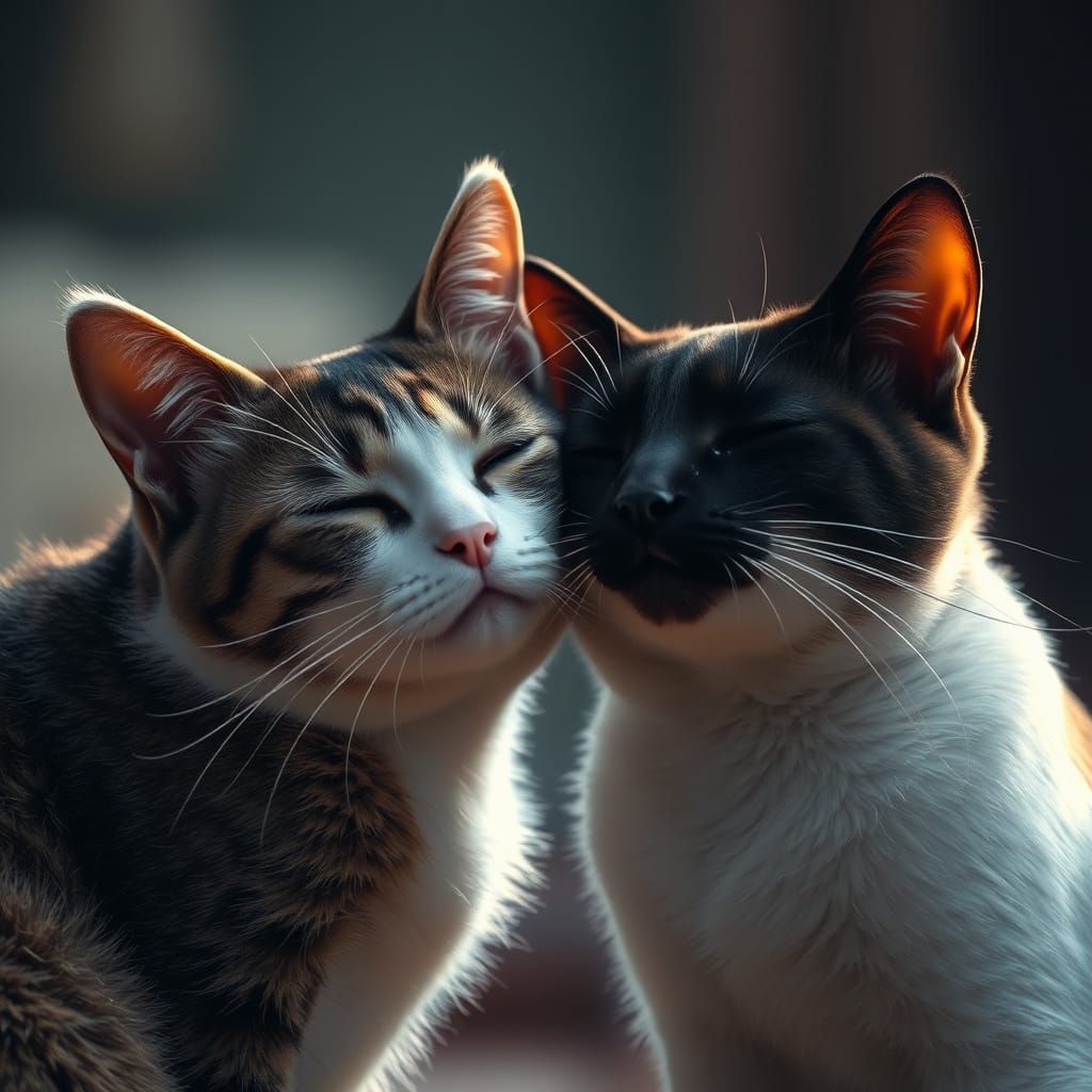 Two cats, one black and one white, their heads pressed again...