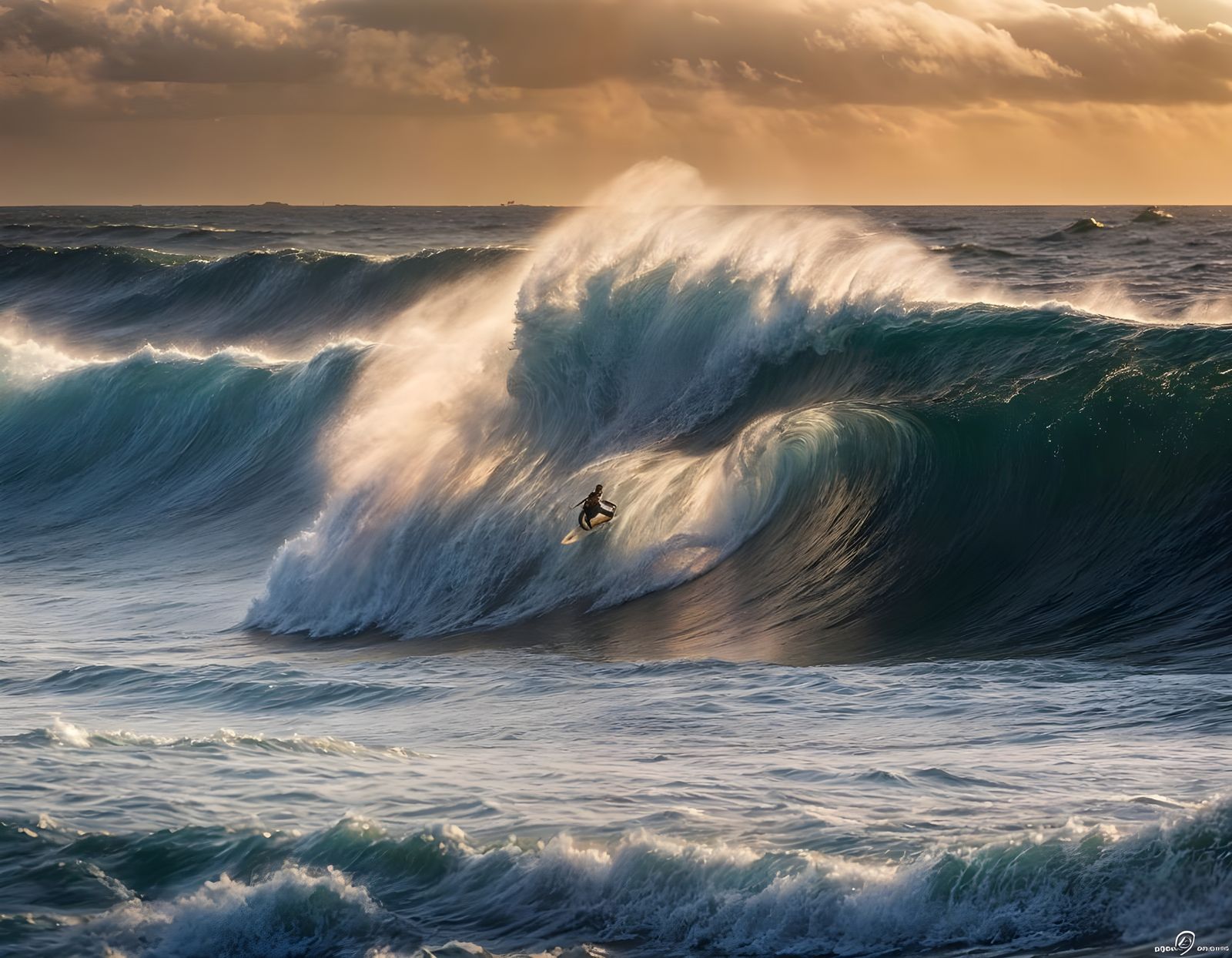 Surfer Riding a Towering Barrel Wave in Golden Hour