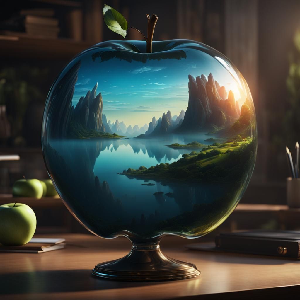 Glassy apple with a fantasy landscape scene inside.
