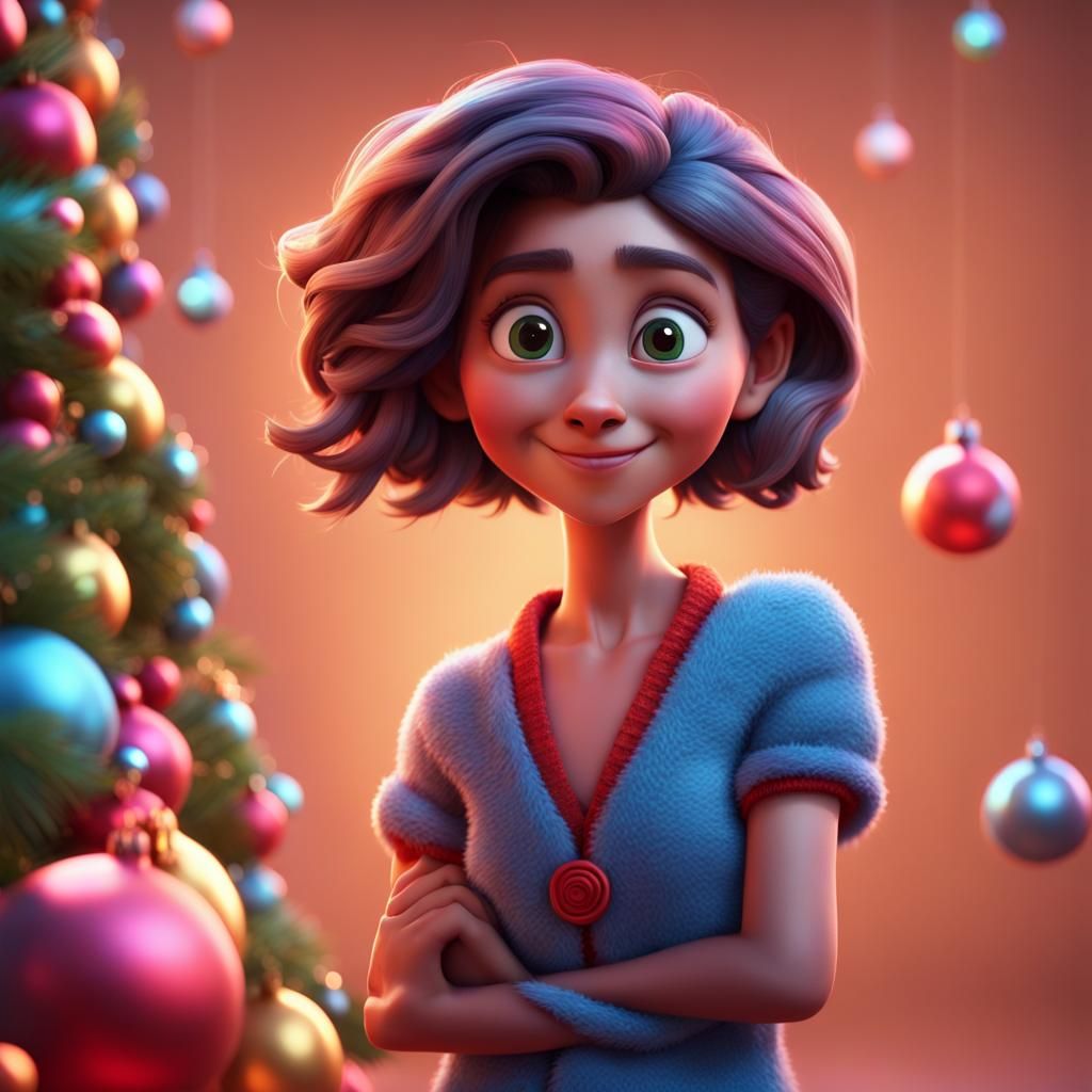 Blonde Woman Crawling Near Christmas Tree in 3D