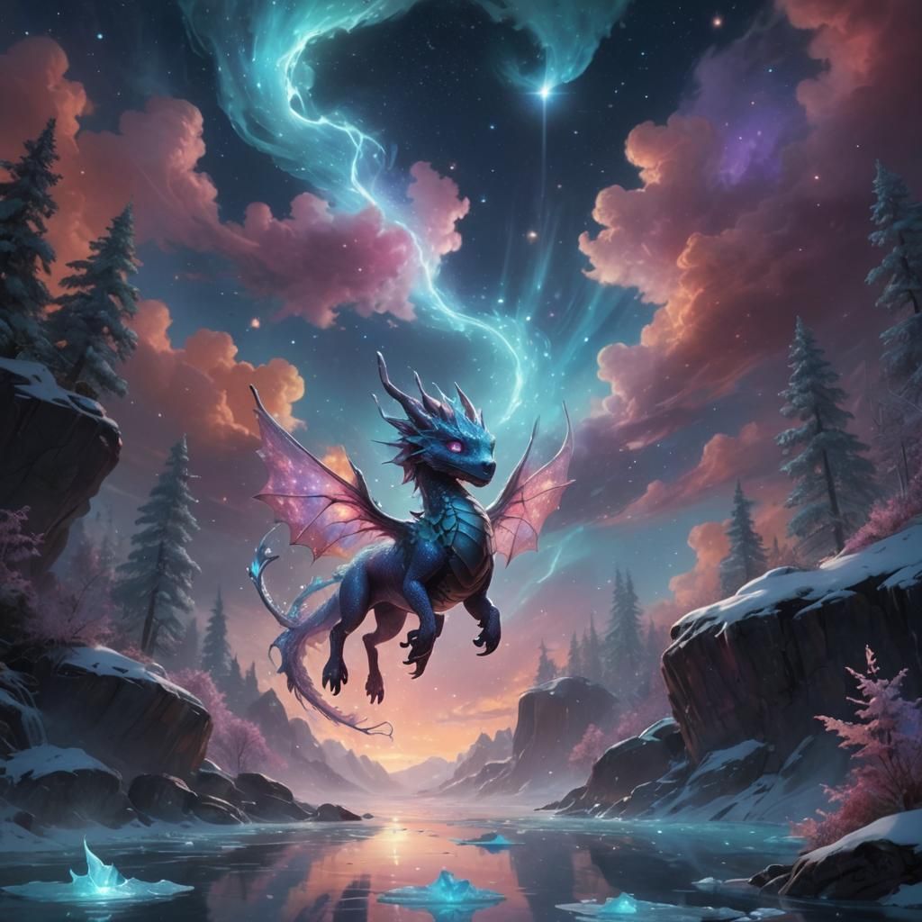 sea of stars; small tiny mini chibi transparent glass dragon spirit silhouette intricate large wings glow; blue glowing ...