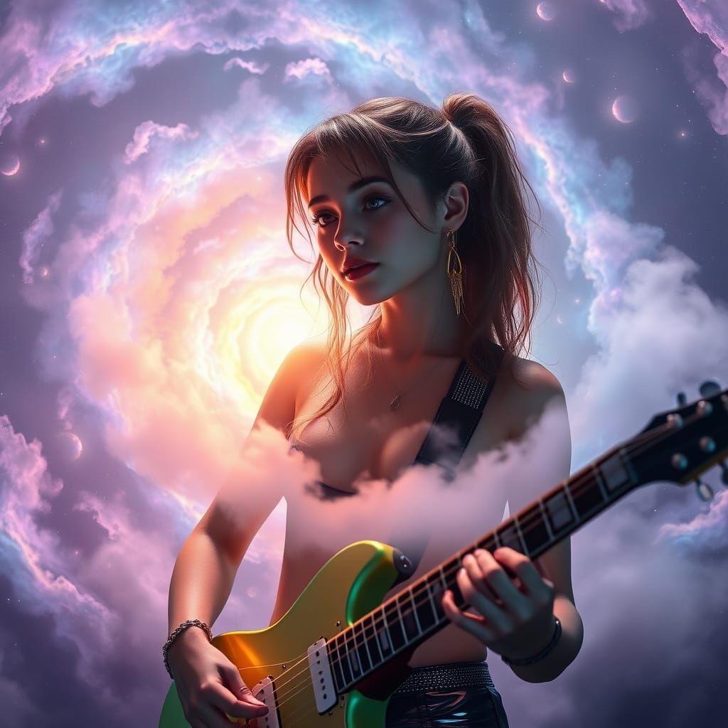 Cyberpunk Guitarist Amidst Spectral Rainbow Nebulae
