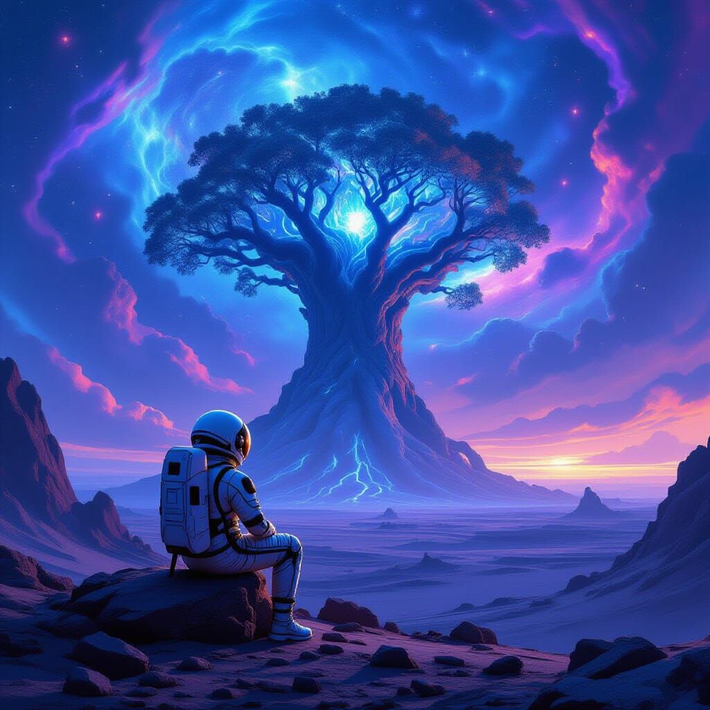 Astronaut Contemplates Glowing Tree on Alien Planet