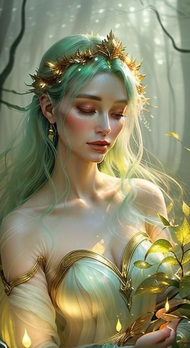 Mystic Woman in Forest of Lights as Oil Painting