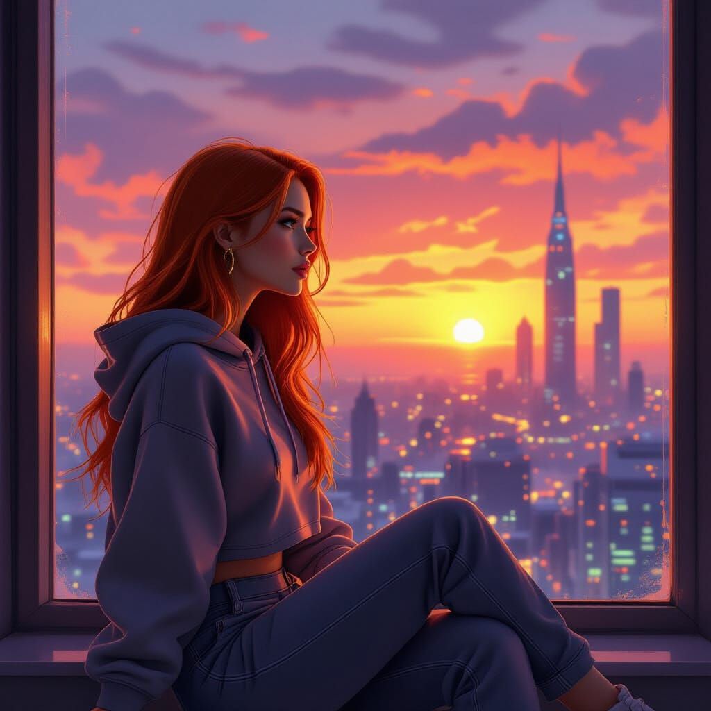 Woman Gazing at Sunset Over Futuristic Cityscape