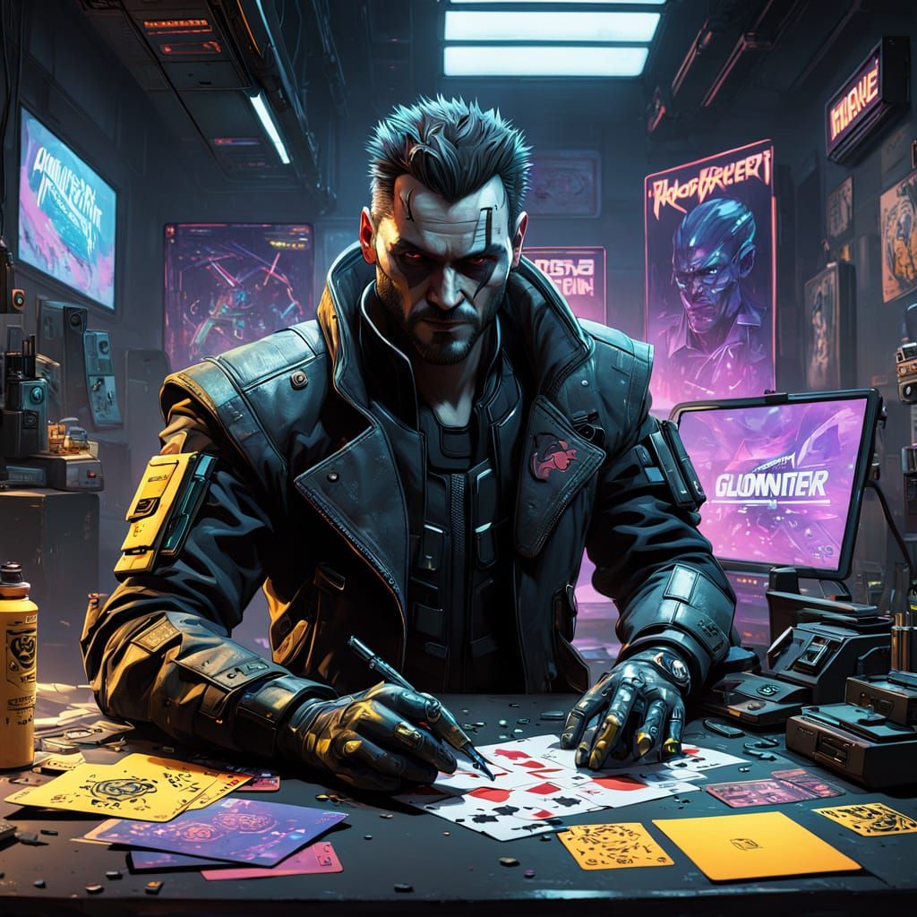 Menacing Joker Figure in Cyberpunk Office Graffiti Art