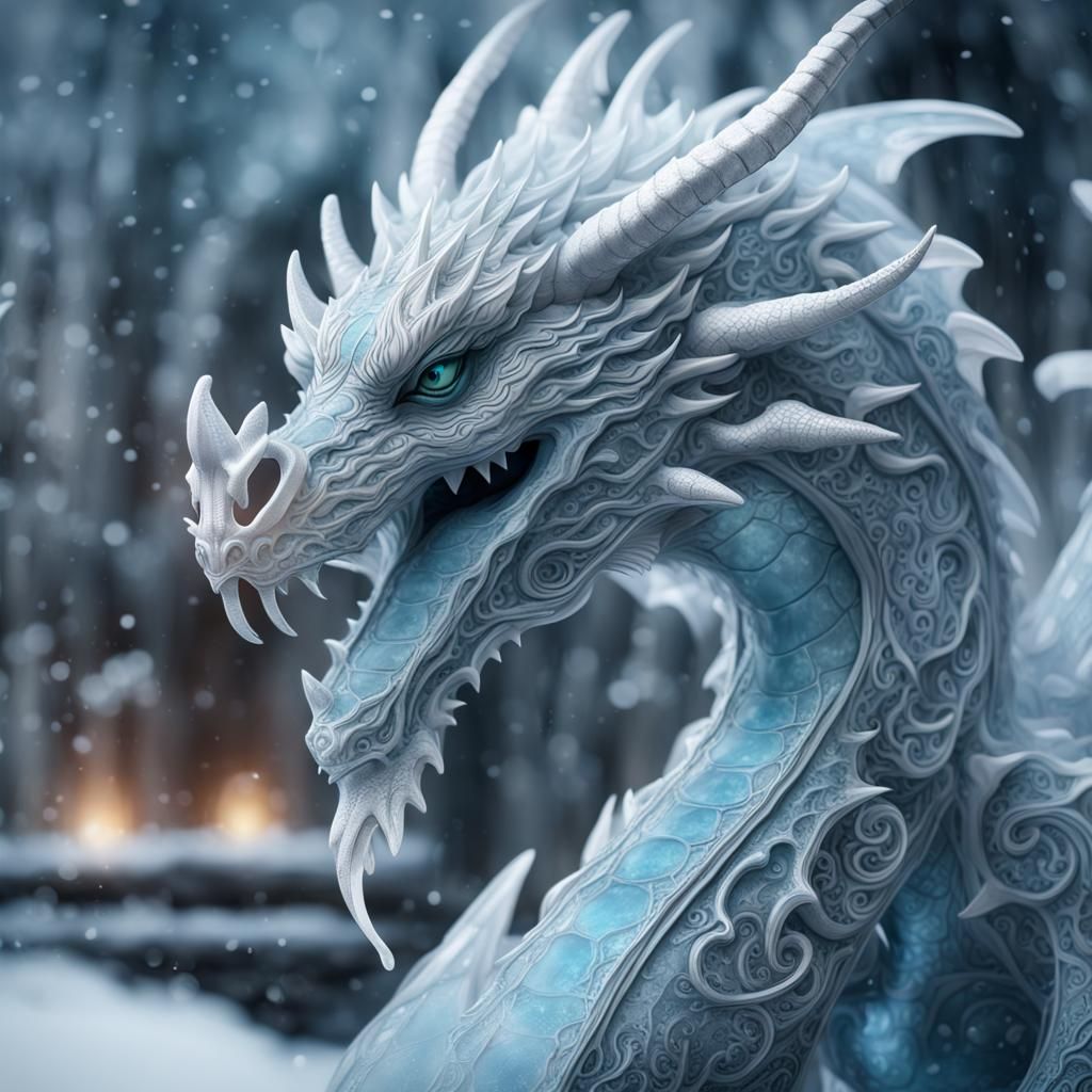 Intricate Ice Dragon Sculpture in Detailed Digital Painting