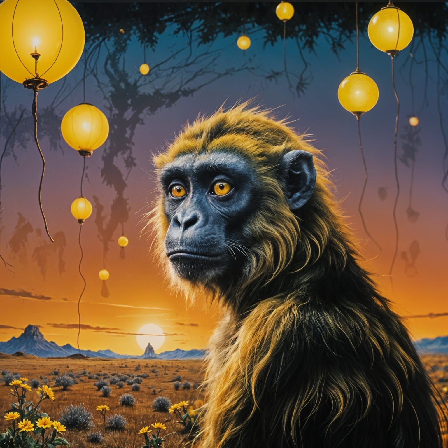 Vibrant Yellow Monkey in Ephemeral Landscape