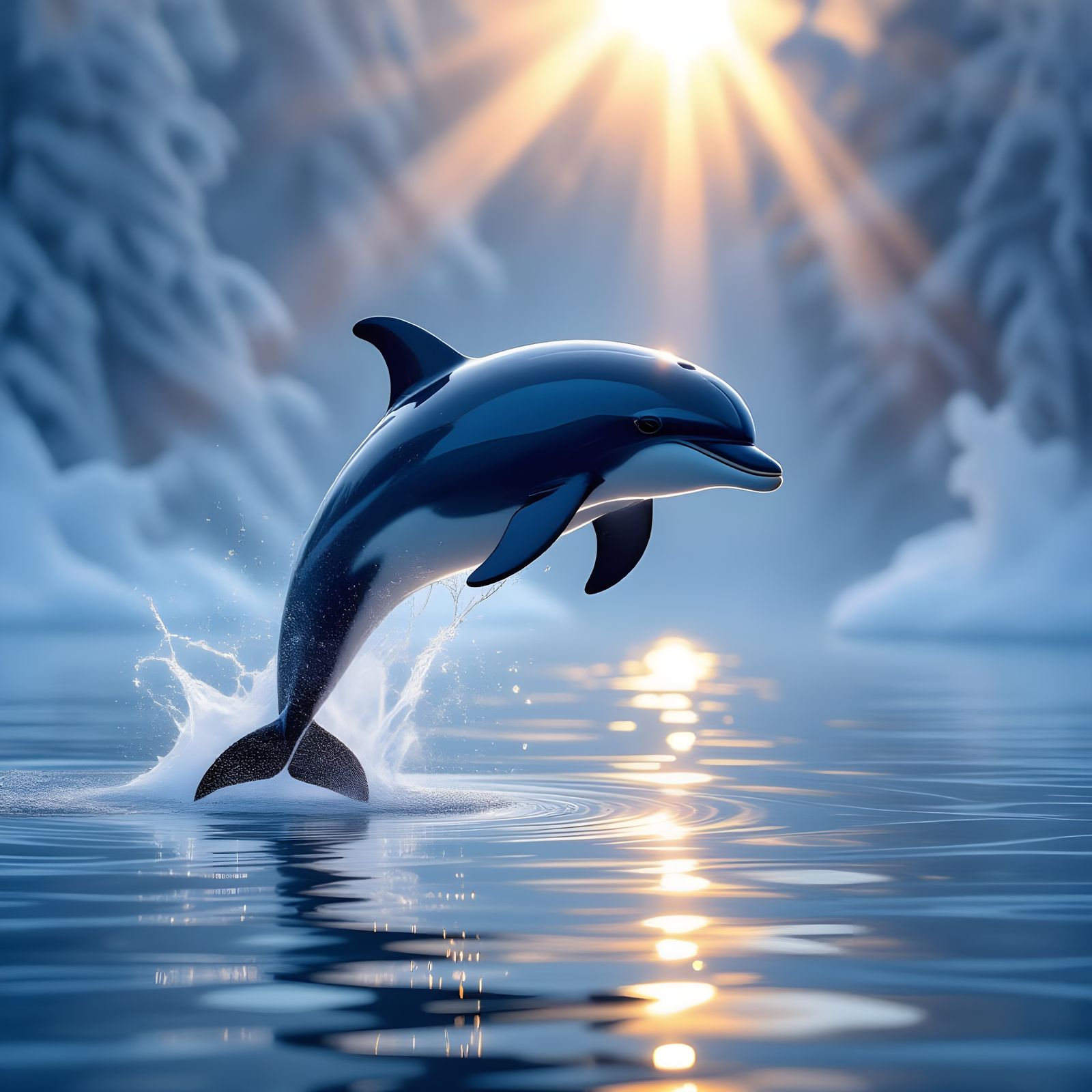 Ice Dolphin Sculpture Leaping in Divine Light