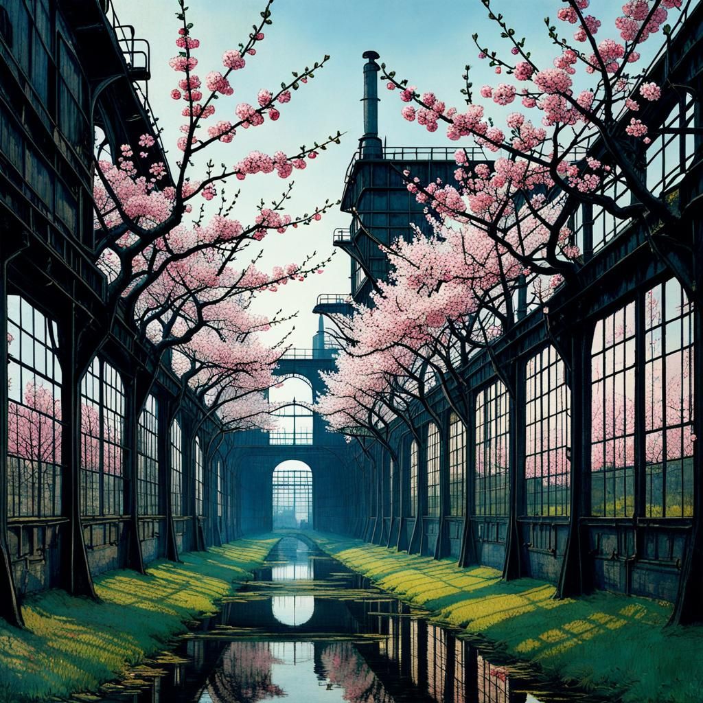 Cherry Blossoms in Industrial Landscape, Detailed Illustrati...