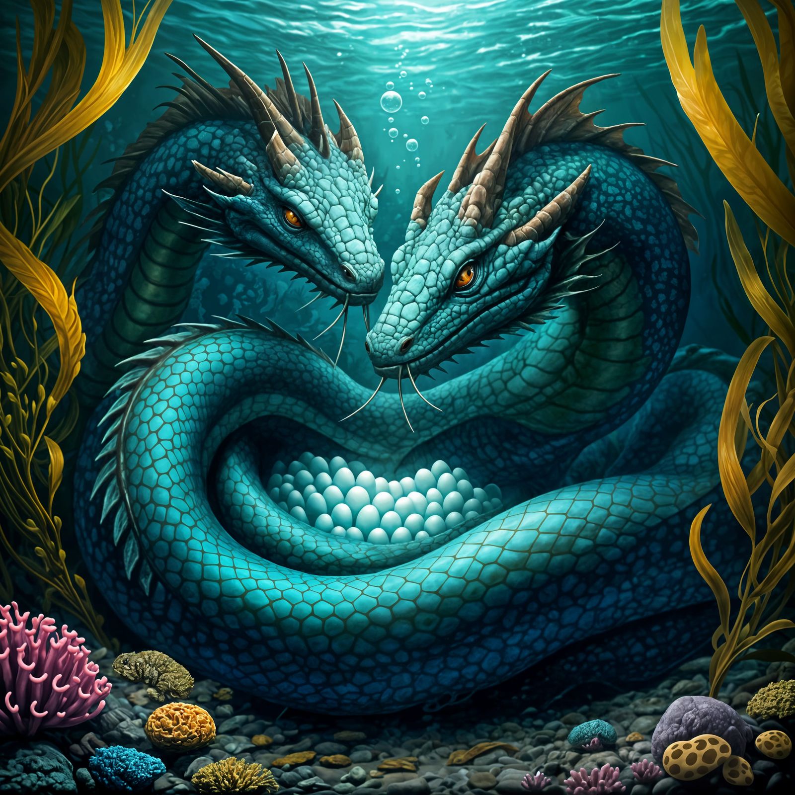Asian Azure Serpents Coiled Together Guarding Eggs in Seawee...