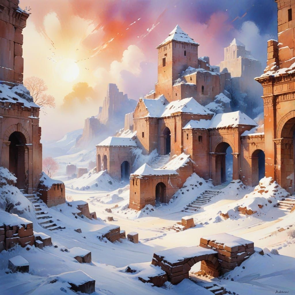 Snow-Dusted Ancient Ruins: Winter's Magic in Watercolour