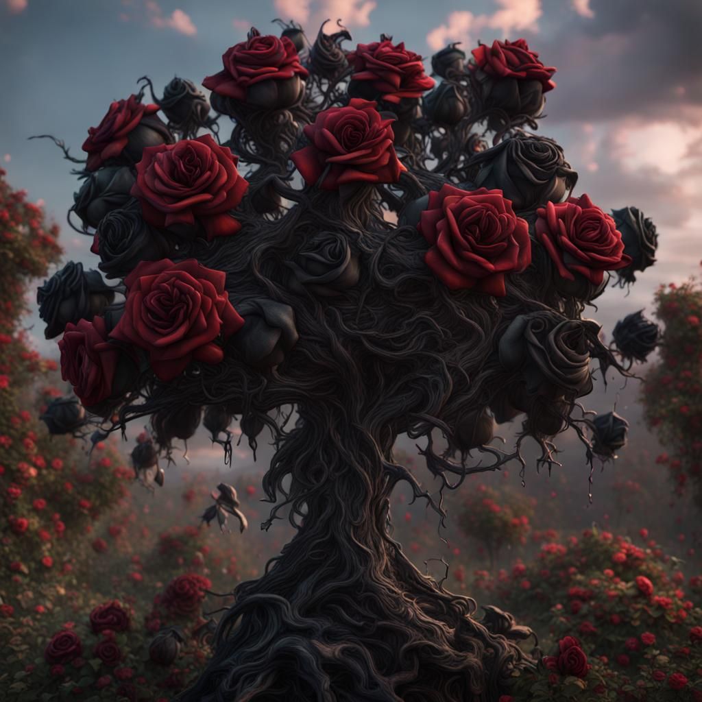 Gothic Black Roses on Rose Tree
