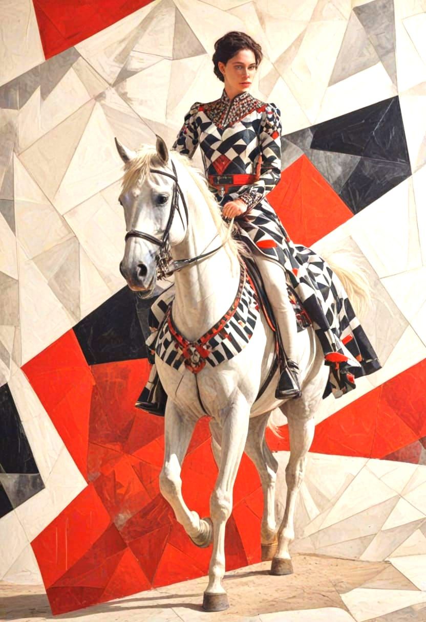 Geometric Woman on Horse in Contrasting Cubist Style