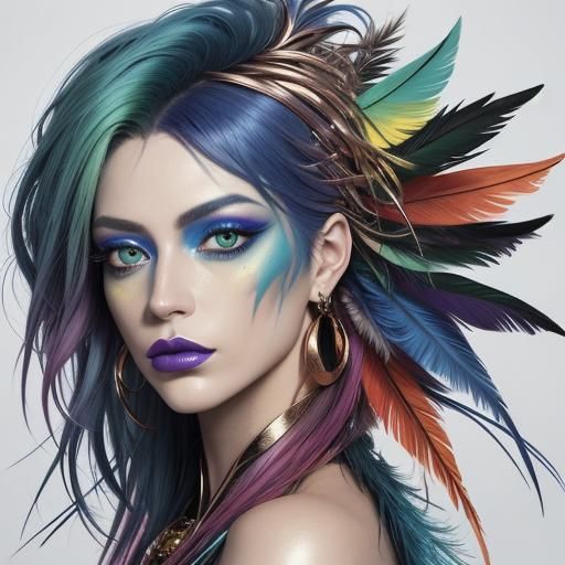 Surreal Portrait of Woman with Feathers, Metallic Accents