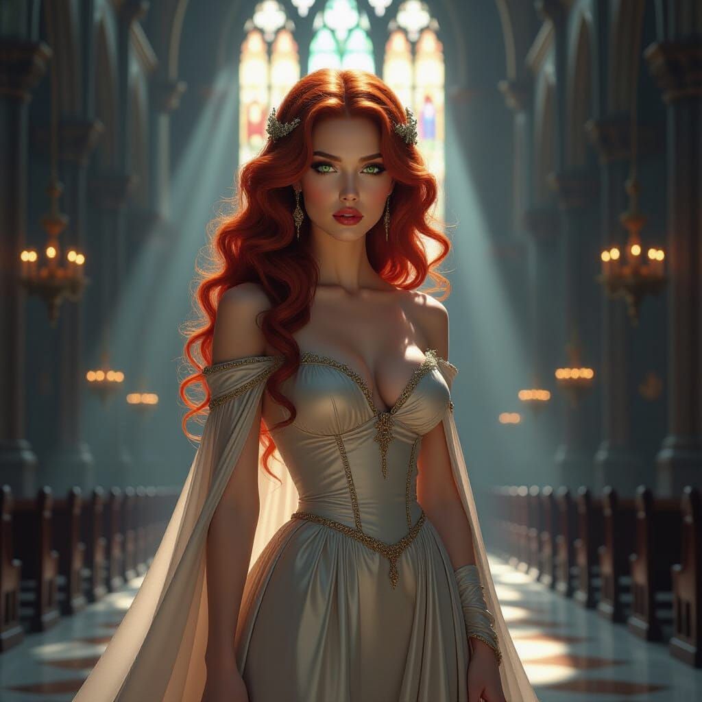 Medieval Woman in Gothic Cathedral, Ethereal Beauty