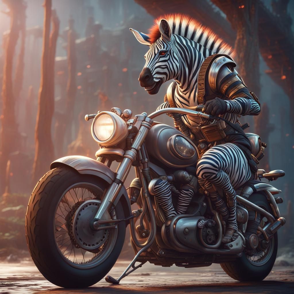 Zebra on Motorcycle: Detailed Fantasy Concept Art