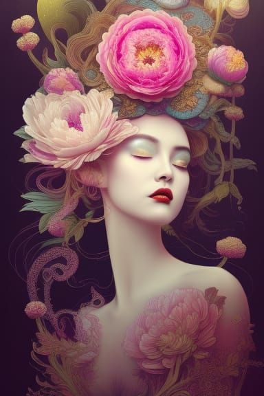 Intricate Ink Illustration of Peony Queen