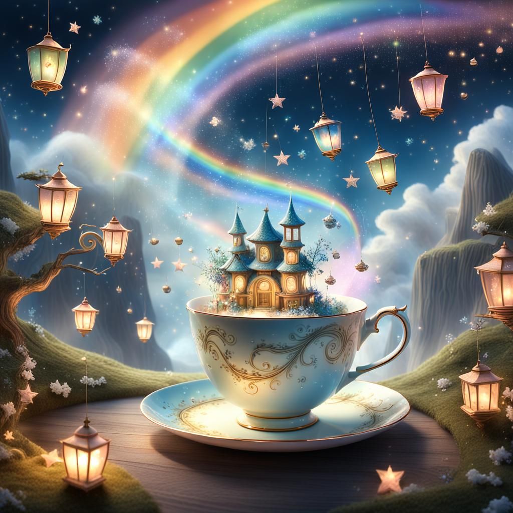 Enchanted Fairy Tale Scene Inside a Teacup