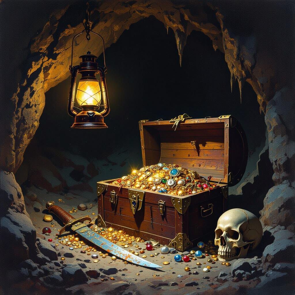 Treasure Cave Illuminated by Lantern, Frazetta Style