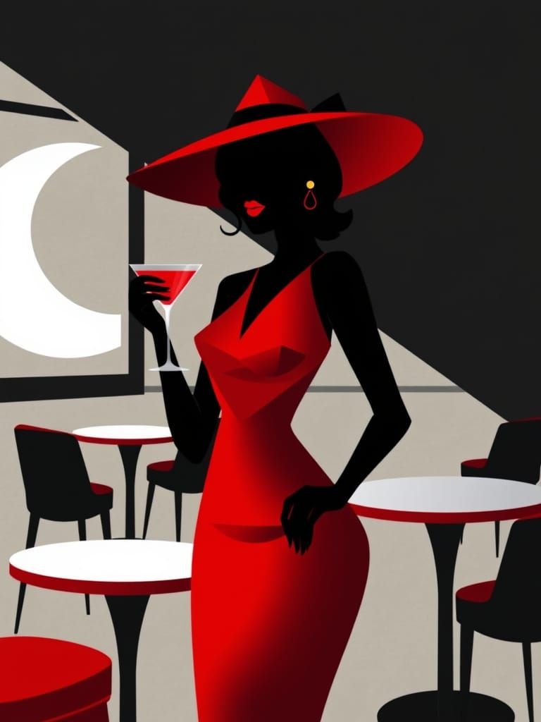 Geometric Cubism Woman in Red Dress at Bar