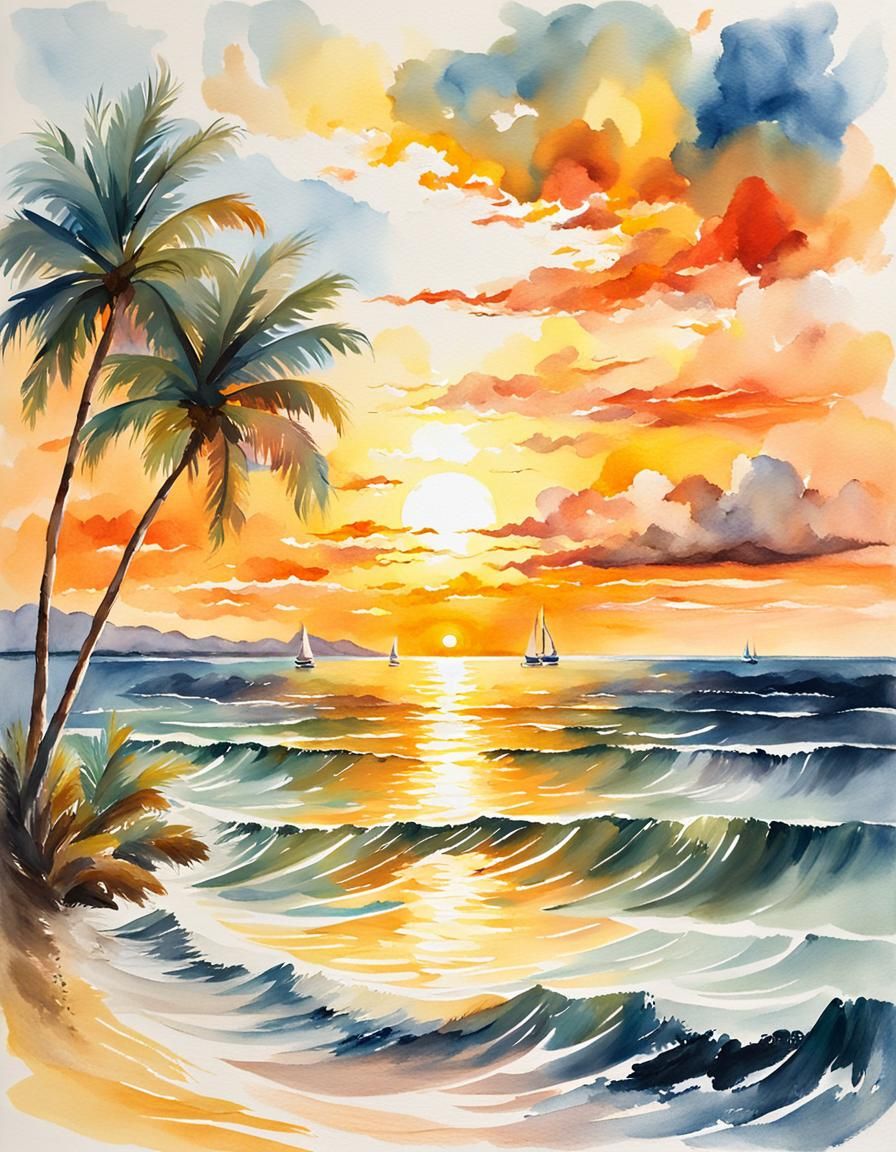 Sunset Over Ocean: Vibrant Gouache Panoramic Landscape