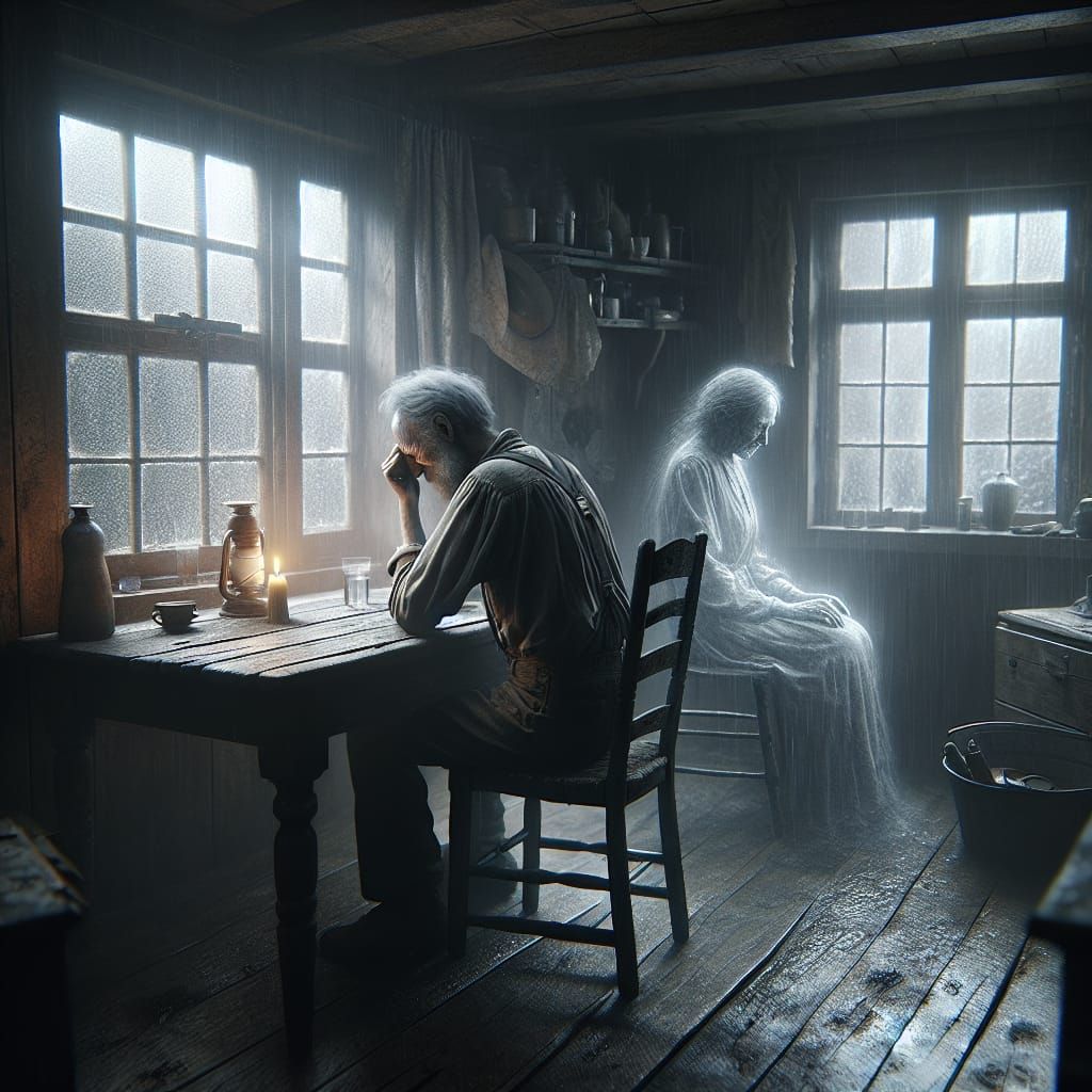 Sorrowful Elderly Man Confronts Loss in a Somber Atmosphere